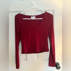 Deep Red Long Sleeve V-Neck Top